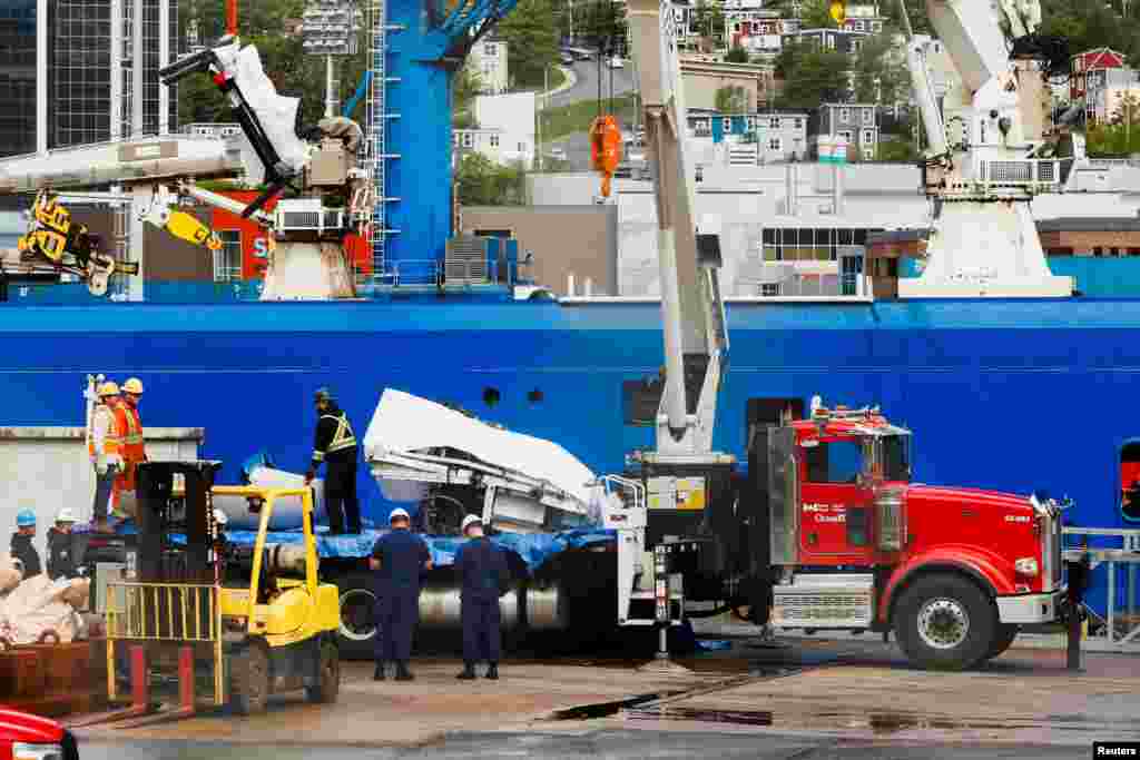 A view of the Horizon Arctic ship, as salvaged pieces of the Titan submersible from OceanGate Expeditions are returned, in St. John's harbor, Newfoundland, Canada.