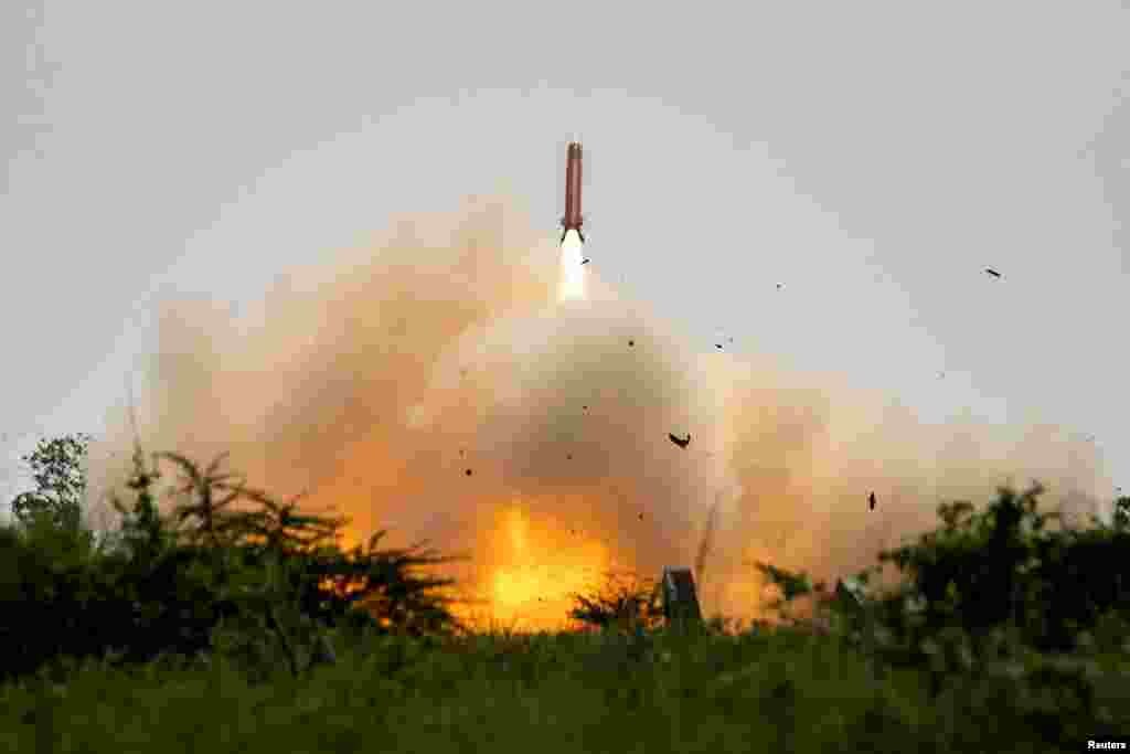 A Patriot air missile system is fired during a live fire exercise in the annual joint military exercises between U.S. and Philippine troops called "Balikatan" or shoulder-to-shoulder, at a naval base in San Antonio, Zambales province, Philippines, April 25, 2023.