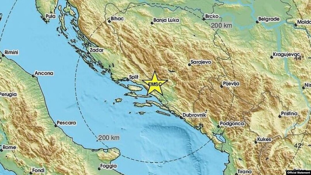 Epicentar zemljotresa nedaleko od Mostara, u Bosni i Hercegovini, prikazan na mapi Evropsko-mediteranskog seizmološkog centra, 2. oktobra 2023.