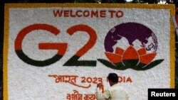 印度新德里街头宣传G20峰会的鲜花装饰画。（2023年9月8日）
