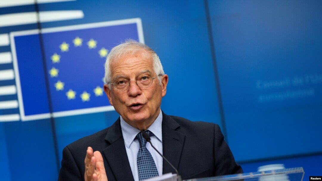 歐盟外交事務高級代表博雷爾(Josep Borrell)2020年6月15日在召集外交事務對話會後見記者（路透社）