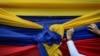 Una partidaria de la oposición sostiene una tela con los colores de la bandera venezolana antes de un mitin con el líder opositor Juan Guaidó en Caracas, Venezuela. Enero 11, 2020.