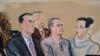 En este retrato del 3 de enero de 2020, el abogado defensor César de Castro, izquierda, el exjefe de seguridad mexicano Genaro García Luna, centro, y una intérpete de la corte comparecen en una audiencia de instrucción en un tribunal federal en Brooklyn, Nueva York.