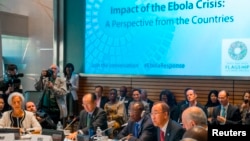 From left, IMF Managing Director Christine Lagarde, World Bank Group President Jim Yong Kim, Guinea's President Alpha Conde and United Nations Secretary-General Ban Ki-moon address the Ebola crisis during the IMF-World Bank annual meetings in Washington. (REUTERS/Jonathan Ernst)