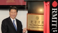 2010年时任中国国家副主席的习近平在墨尔本皇家理工大学为澳大利亚的第一所中医孔子学院揭牌。（法新社 2010年6月20日）