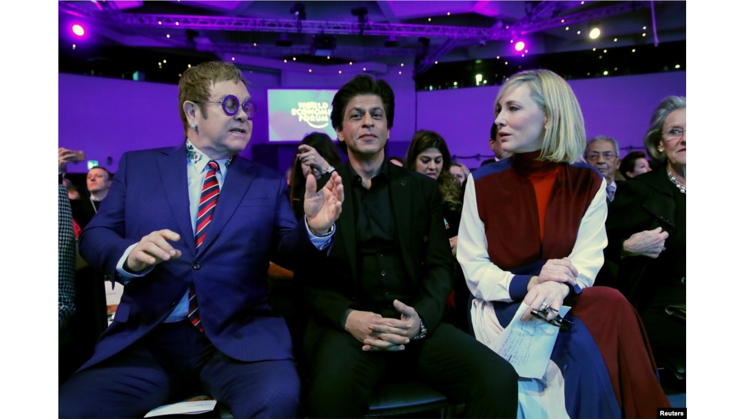 Actor Cate Blanchett, actor Shah Rukh Khan and singer Elton John are pictured at the Crystal Awards ceremony of the annual meeting of the World Economic Forum (WEF) in Davos, Switzerland, Jan. 22, 2018.