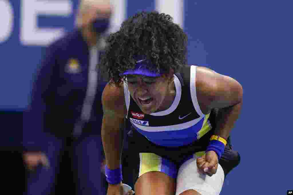 Naomi Osaka of Japan reacts during the women's singles final against Victoria Azarenka of Belarus during the U.S. Open tennis championships, Sept. 12, 2020, in New York.