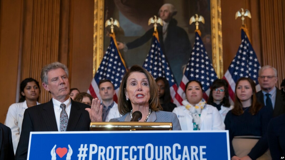 In this March 26, 2019 file photo, Speaker of the House Nancy Pelosi, D-Calif., joined at left by Energy and Commerce Committee Chair Frank Pallone, D-N.J., speaks at an event to announce legislation.