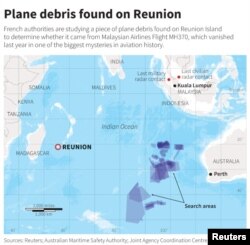 This map of the Indian Ocean shows the location of Reunion Island and the search areas since Malaysia Airlines Flight MH370 disappeared in 2014.