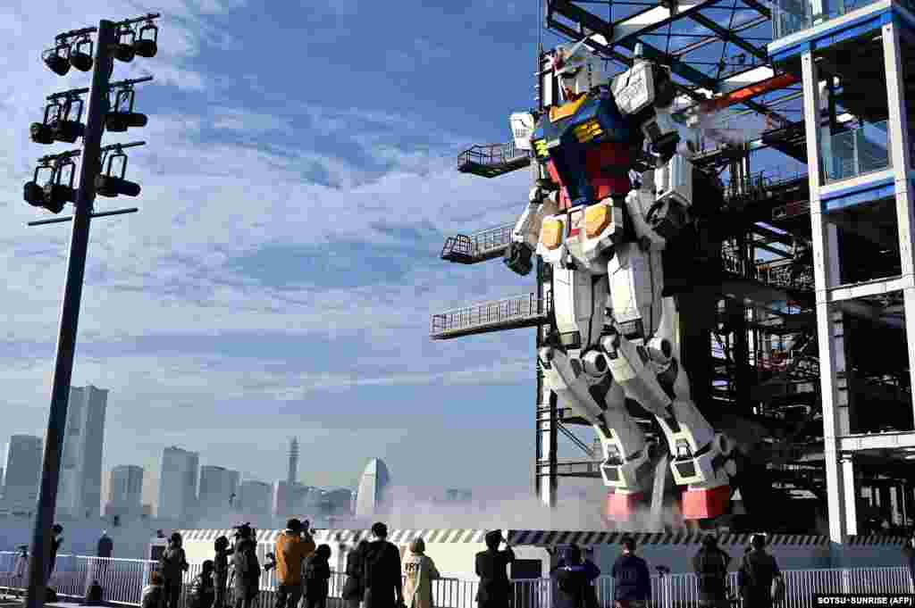 A Gundam robot is displayed at the Gundam factory in Yokohama, Kanagawa prefecture, Japan.