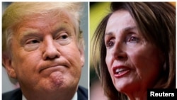 Trump speaking to reporters in the Roosevelt Room of the White House and U.S. House Speaker Pelosi (D-CA) addressing the United States Conference of Mayors 87th Winter Meeting in Washington, U.S., January 23, 2019. 