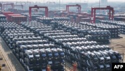 资料照：中国江苏省苏州市太仓港的国际集装箱码头堆放着等待装船出口的比亚迪电动车。(2024年2月8日）