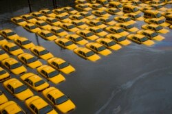 FILE - In this Tuesday, Oct. 30, 2012 file photo, a parking lot full of yellow cabs is flooded as a result of Superstorm Sandy in Hoboken, NJ. (AP Photo/Charles Sykes)
