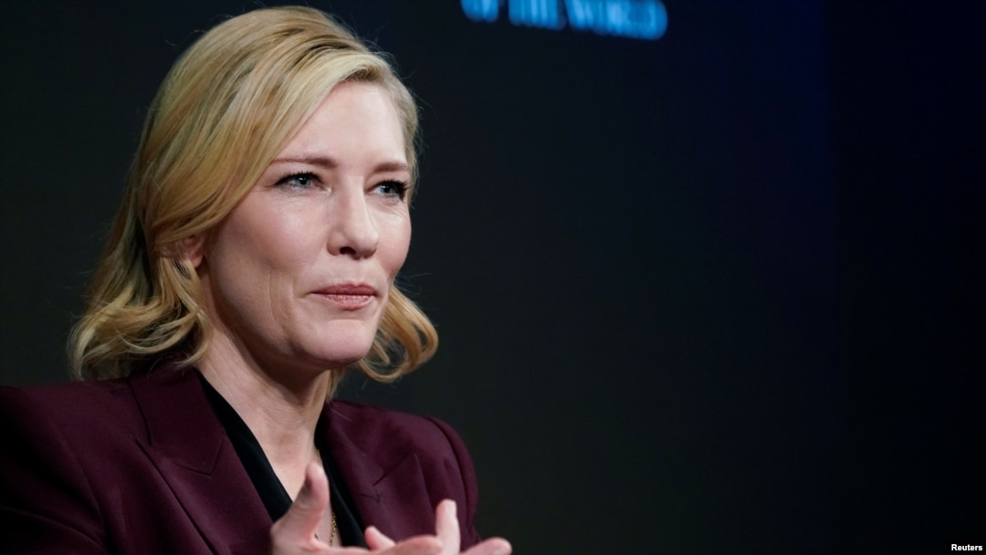 FILE - Actress Cate Blanchett, goodwill ambassador for the United Nations High Commissioner for Refugees (UNHCR), gestures as she attends the World Economic Forum (WEF) annual meeting in Davos, Switzerland, Jan. 23, 2018. 