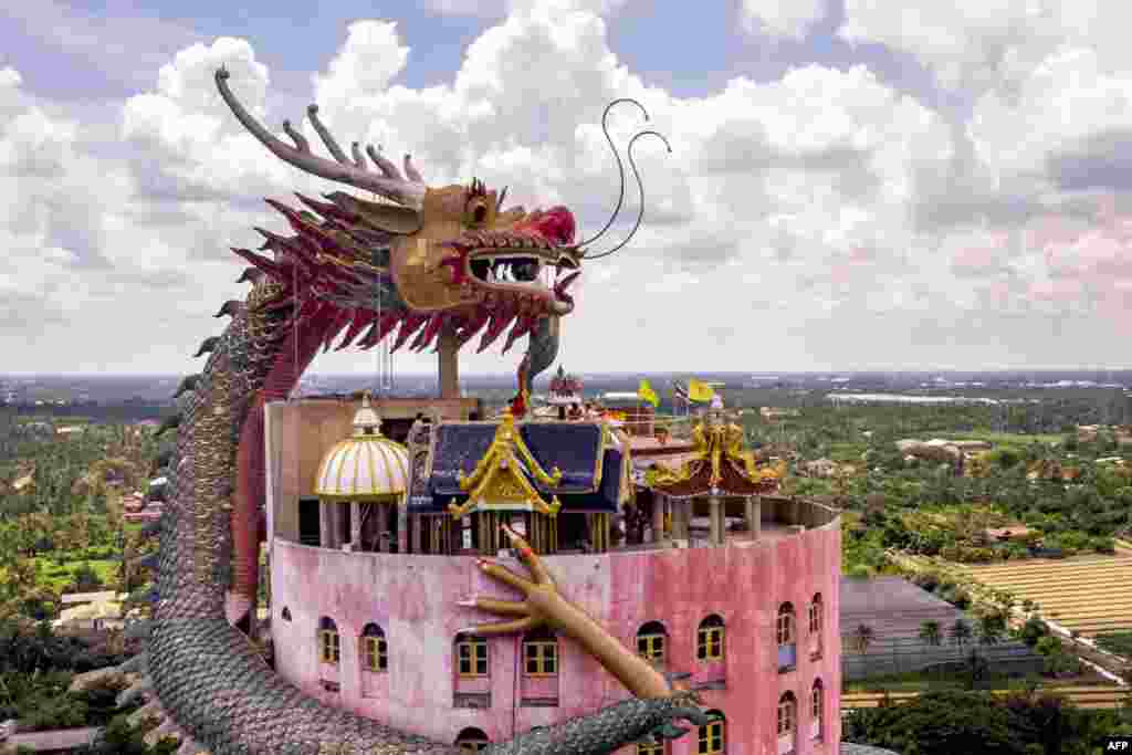 An aerial view shows the Buddhist temple Wat Samphran (Dragon Temple) in Nakhon Pathom, some 40km west of Bangkok.
