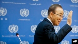 FILE - U.N. Secretary-General Ban Ki-moon arrives for his final press conference at U.N. headquarters.
