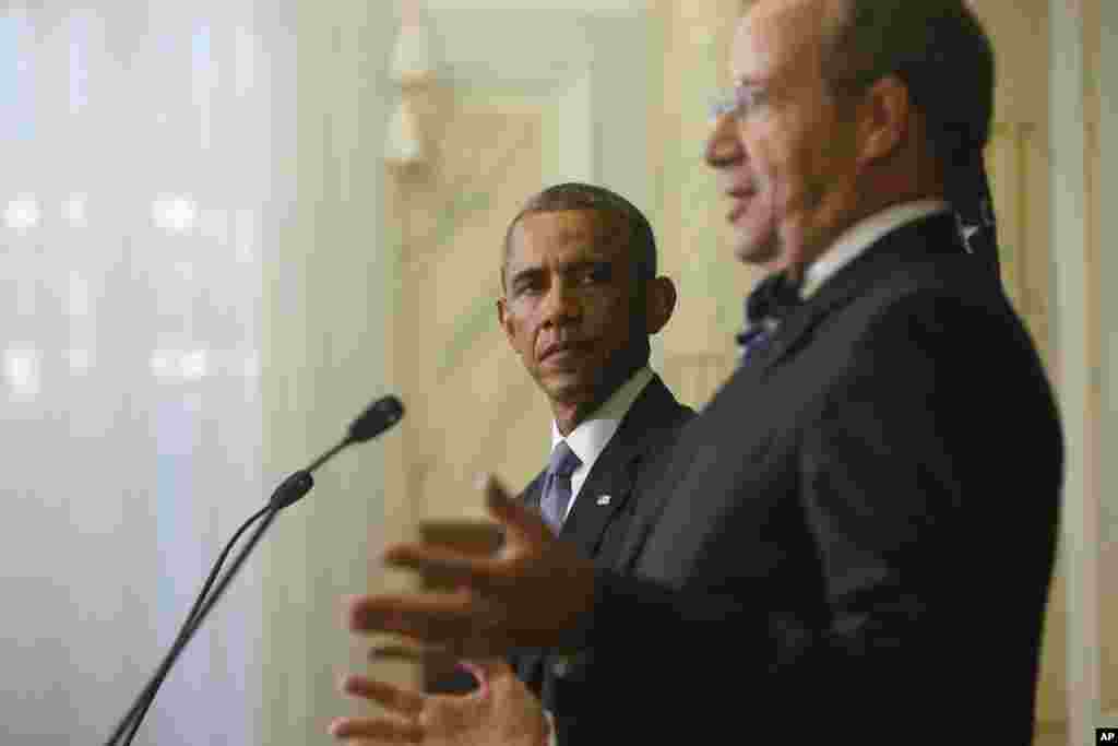 President Barack Obama at a news conference with Estonian President Toomas Hendrik, wherein Obama commented about U.S. journalist Steven Sotloff, killed by Islamic State militants, Tallinn, Estonia, Sept. 3, 2014.